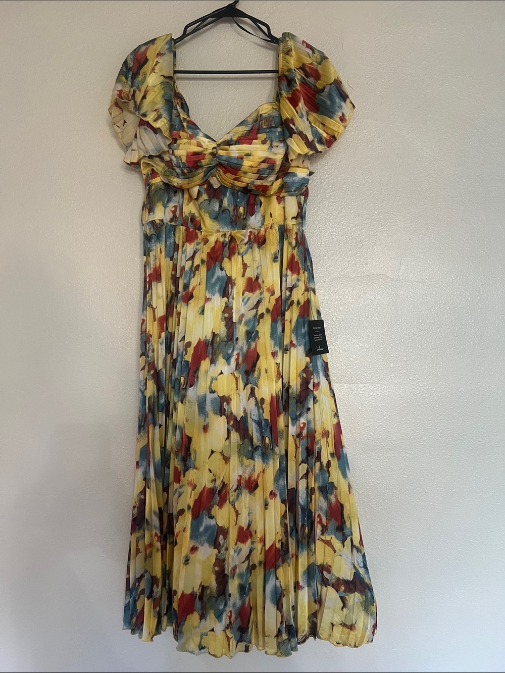 Lulu's Yellow Multicolor Pleated Midi Dress with Ruffle Sleeves
